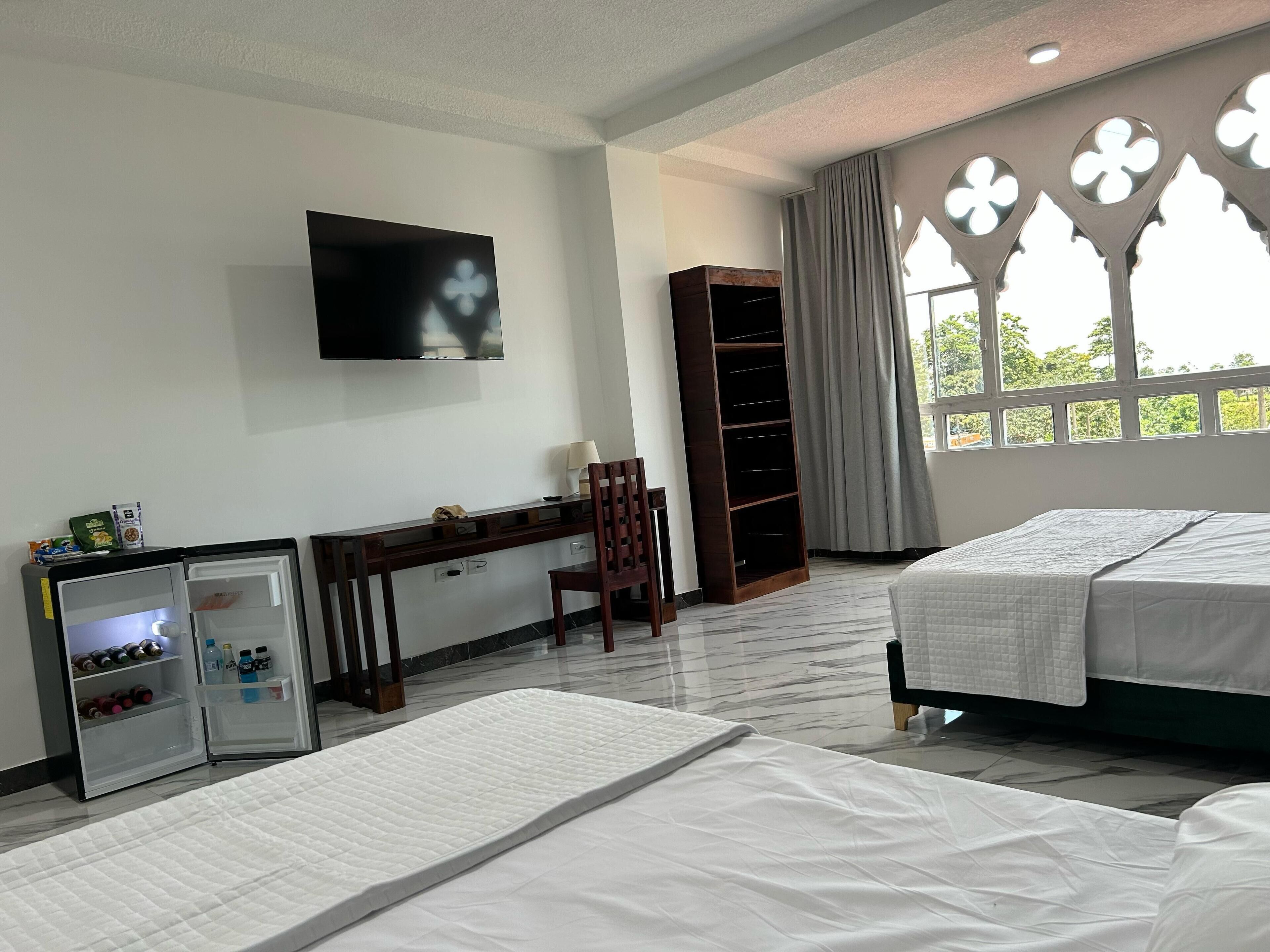 A hotel room with a bed, a desk, a wardrobe, a television, and a window with a view of greenery.