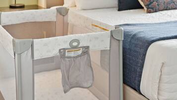 1 bedroom, desk, iron/ironing board, travel crib