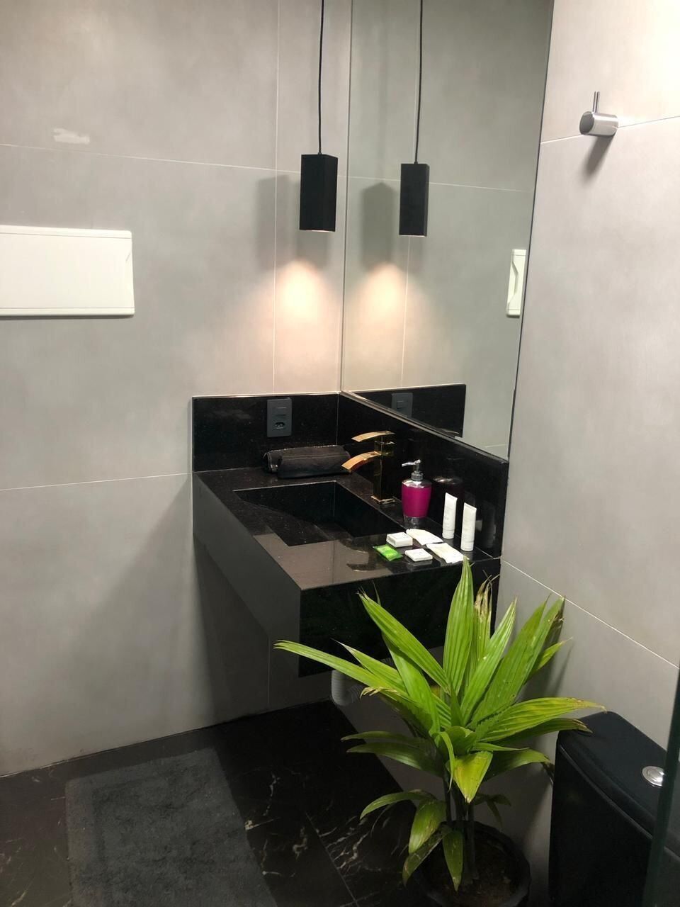 Un baño moderno con un lavamanos negro, un espejo y una planta en maceta.