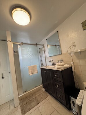 Hair dryer, towels, soap, toilet paper - L-Shaped Apartment with Full Kt, Bidet (West Palm Beach)