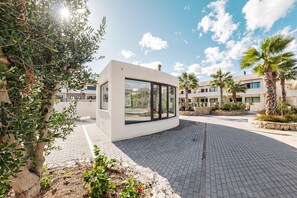 Un bâtiment moderne doté de grandes fenêtres, entouré de palmiers et bordé d’une zone pavée.