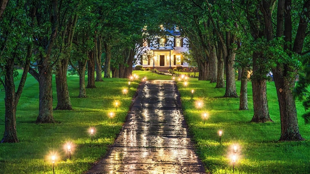 A pathway leading to a house surrounded by trees, with lights along the path.