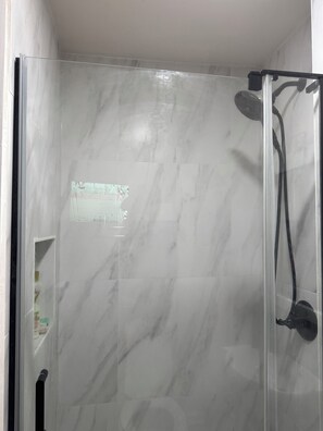 Hair dryer, towels, soap, shampoo