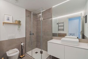 Shower, hair dryer, towels