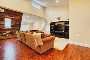 Smart TV, fireplace, video games, DVD player