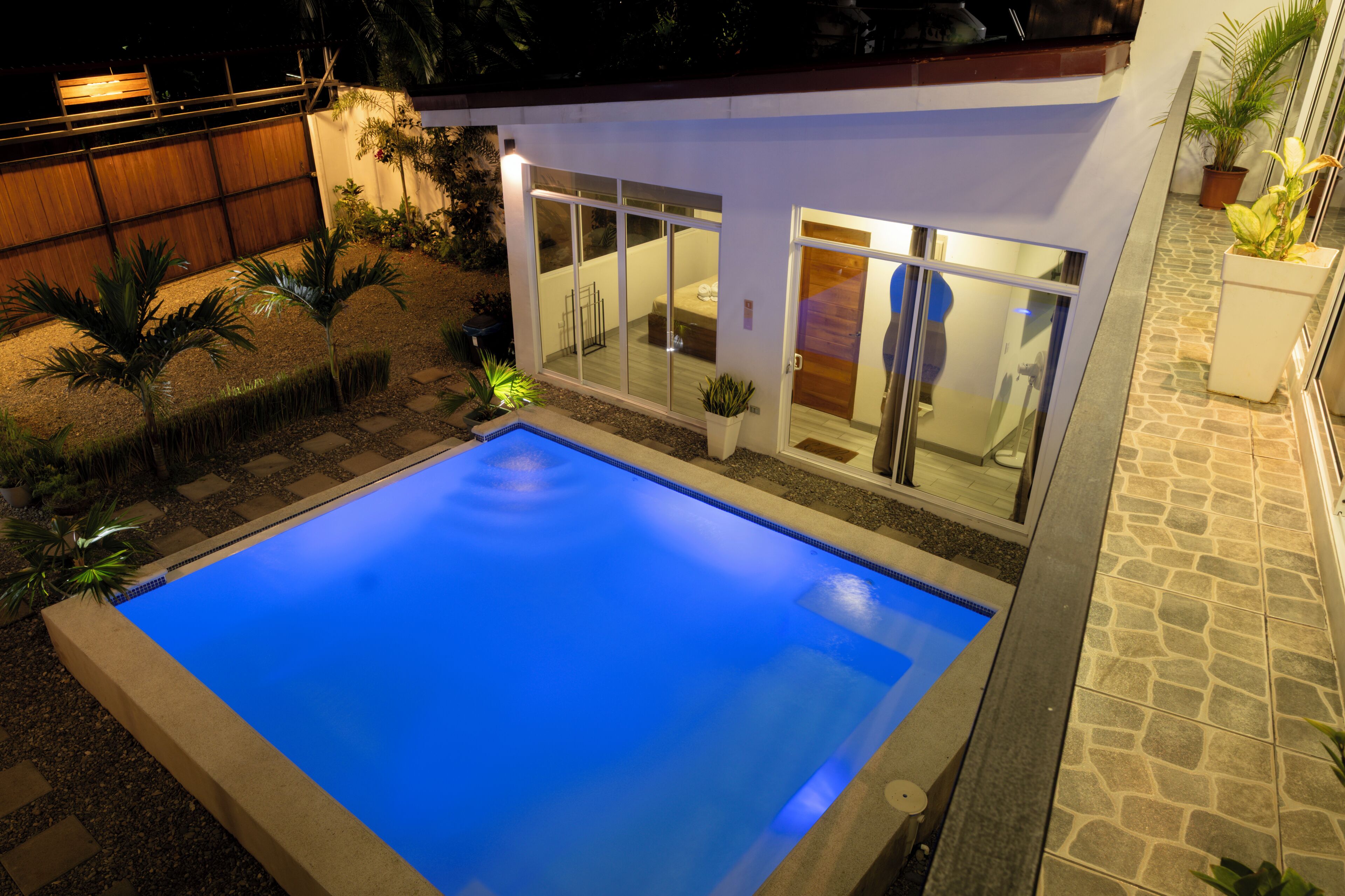 Une piscine à l’eau d’un bleu cristallin, entourée d’un chemin de pierre et de plantes en pot.