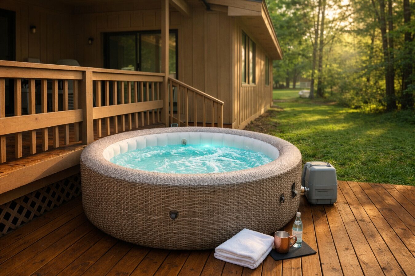 A hot tub on a wooden deck with a house in the background.