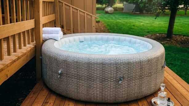 A hot tub on a wooden deck with a wooden staircase leading to a building. - Serene Riverfront Home · Hot Tub + Private River Access – Just 150 Yards Away (Three Rivers)