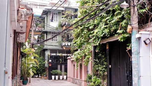A narrow alleyway with a black gate, potted plants, and a building with a tiled roof. - Cozy Studio Apartment (Ho Chi Minh City)