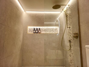 Hair dryer, towels, soap, toilet paper