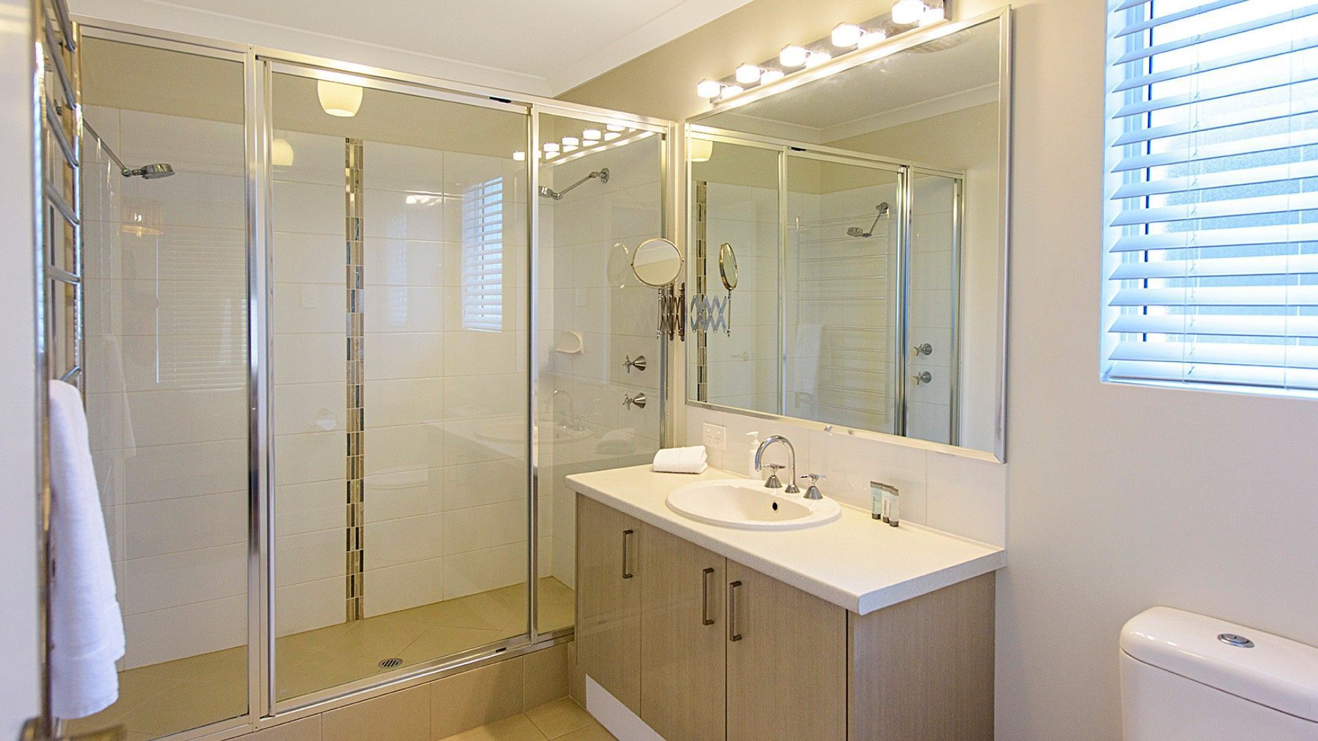 Shower, hair dryer, towels