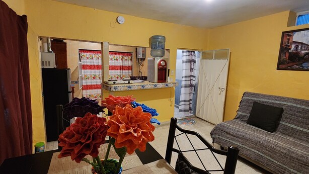Ein Wohnzimmer mit einer Couch, einem Esstisch mit Blumenvase und einer Küchenzeile inklusive Wasserspender und Kühlschrank.
