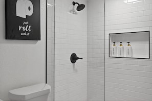 Hair dryer, towels, soap, toilet paper