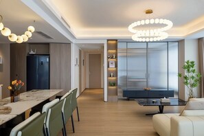 Luxury Apartment, City View | Living area | 120-inch Smart TV with cable channels - Beijing CBD luxury apartment (Beijing)