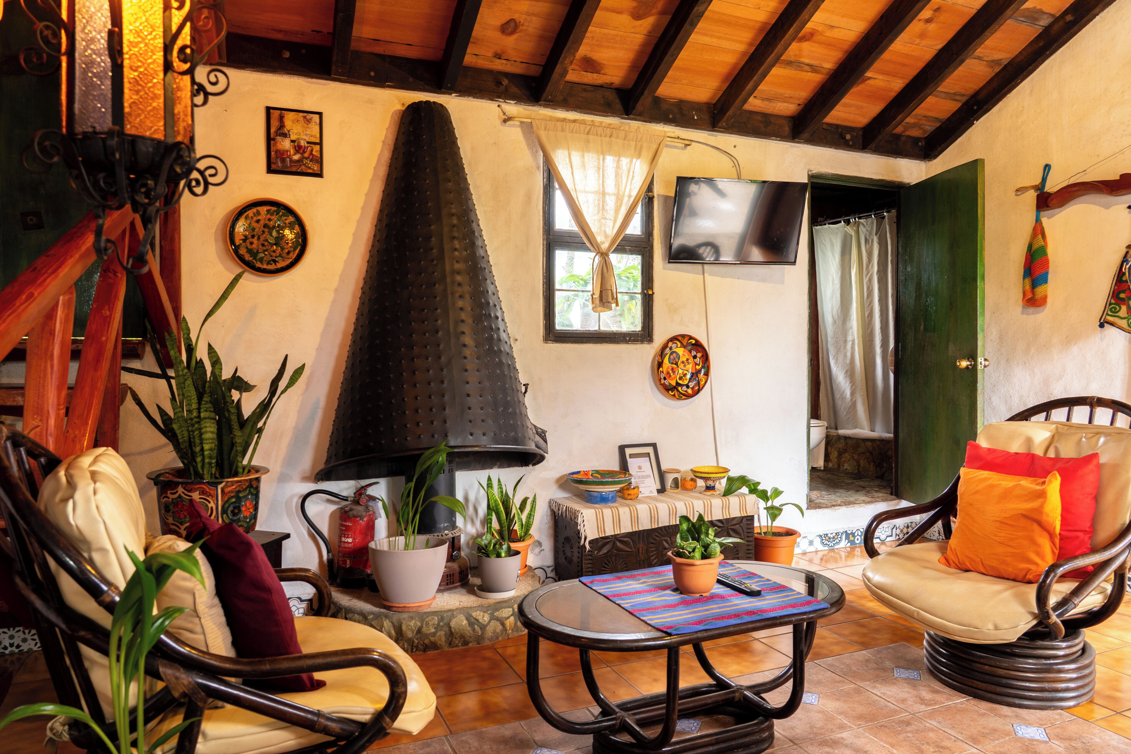 A cozy living room with a fireplace, comfortable seating, and various potted plants.