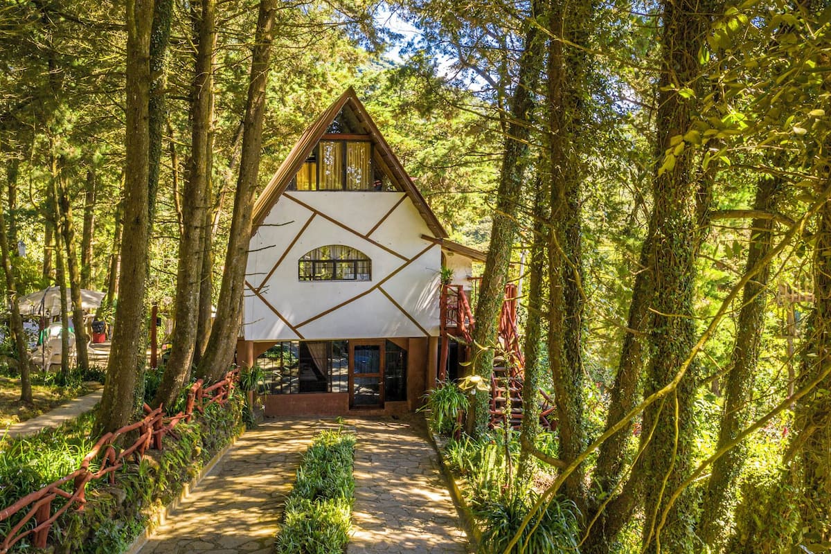Une cabane en bois, dotée d’un toit triangulaire, entourée d’une forêt dense.