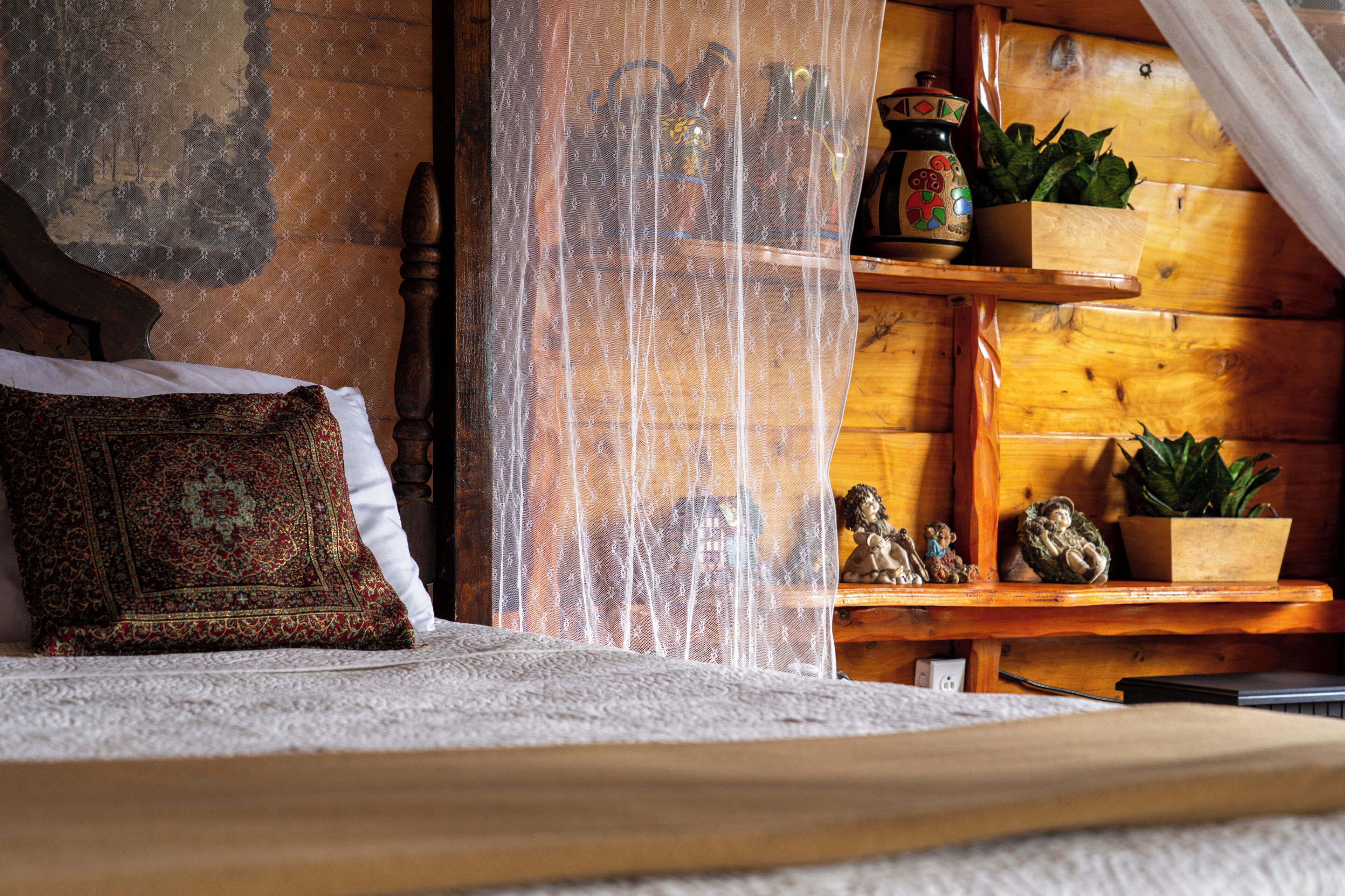 A wooden bed with a patterned pillow, a sheer curtain, and a shelf with decorative items and plants.