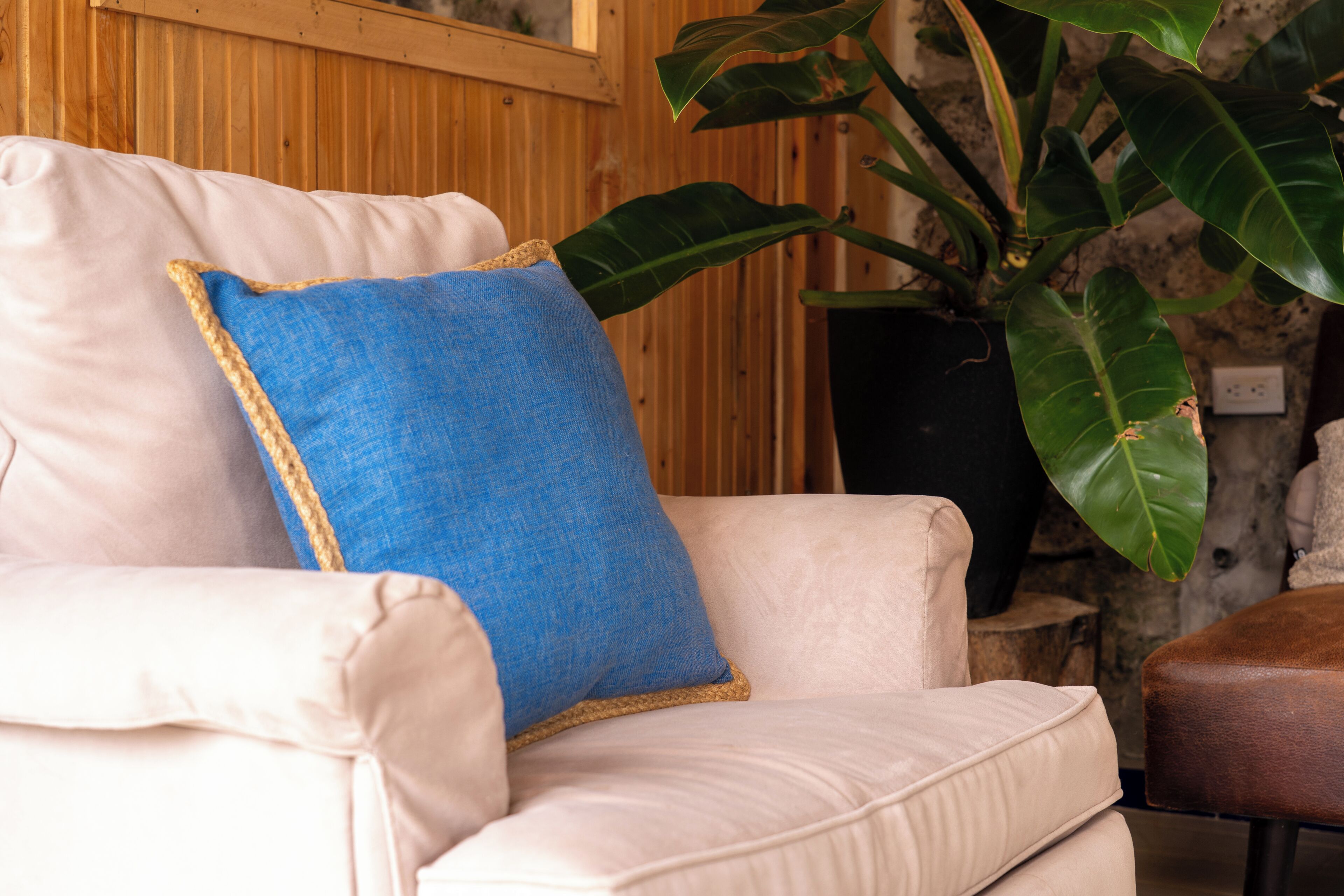 A beige armchair with a blue pillow, a potted plant, and a wooden wall.