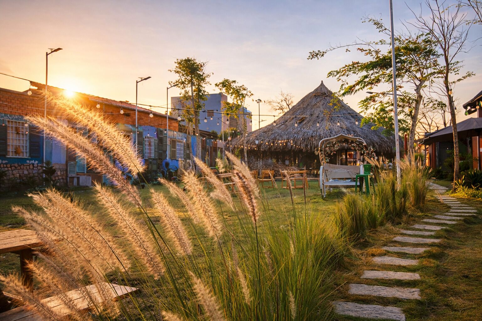 A rustic outdoor seating area with a thatched-roof structure, surrounded by tall grasses and a stone pathway.