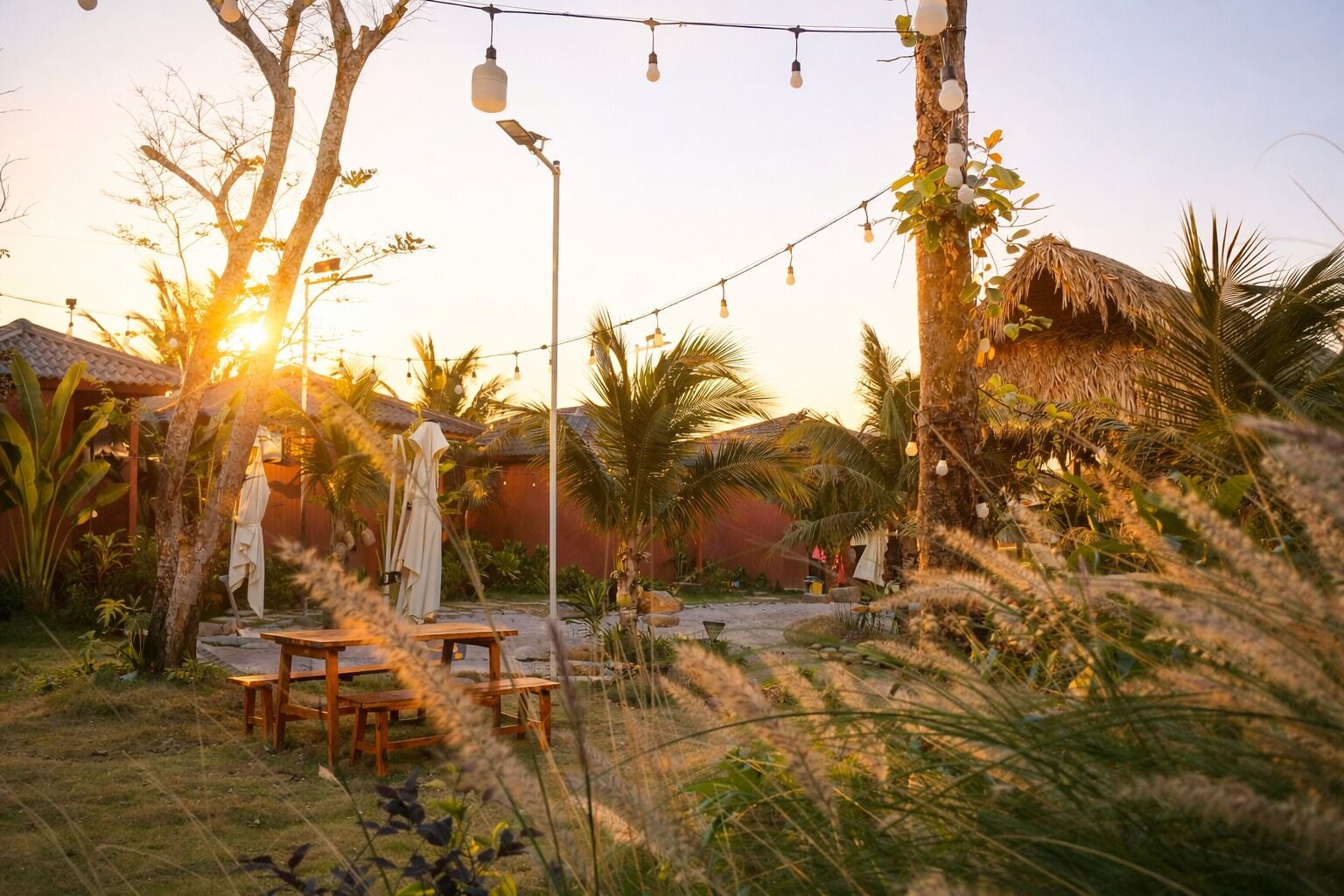 An outdoor seating area with tables and chairs, surrounded by palm trees and a thatched-roof structure.