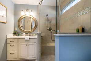 Shower, hair dryer, shampoo