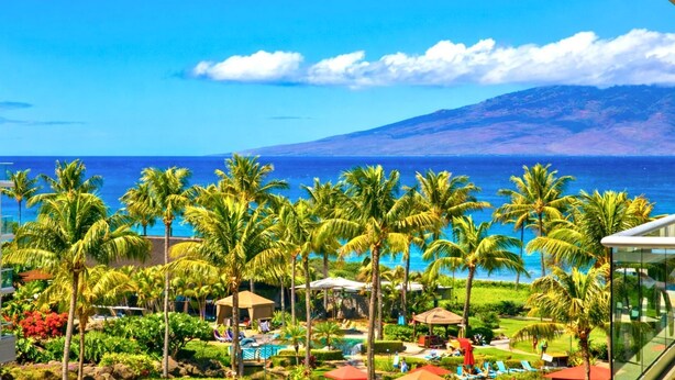 A resort with a pool, palm trees, and a view of the ocean and a mountain.