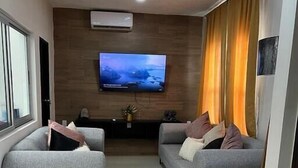 Un salon moderne avec deux canapés gris, un téléviseur à écran plat fixé sur un mur en bois et une fenêtre avec des rideaux.