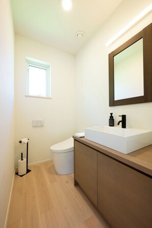 Shower, rainfall showerhead, hair dryer, slippers