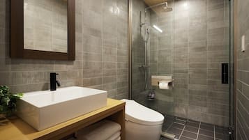 Shower, rainfall showerhead, hair dryer, slippers