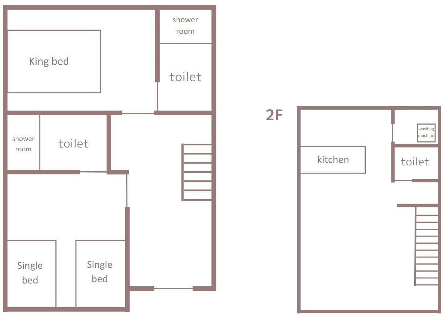 A 2F hotel room layout with a king bed, two single beds, a shower room, a toilet, and a kitchen area.