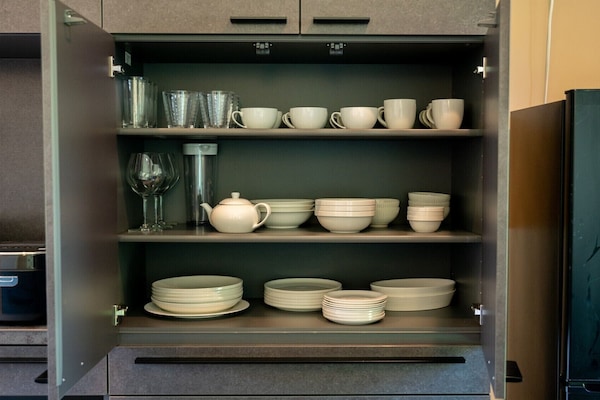 Full-size fridge, microwave, stovetop, toaster