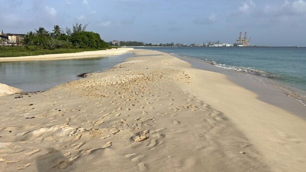 Ein Strand mit klarem Wasser, sandigem Ufer und im Hintergrund Industrieanlagen.