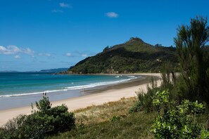 On the beach, sun loungers