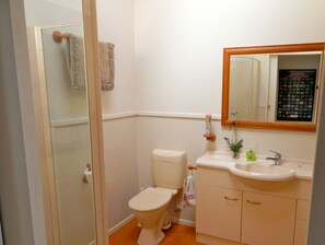 Shower, soap, toilet paper