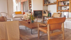 A cozy living room with a sofa, a coffee table with flowers, a fireplace, and a bookshelf. - Charming house in the Dentelles de Montmirail. Ideal for recharging your batteries! (Suzette)