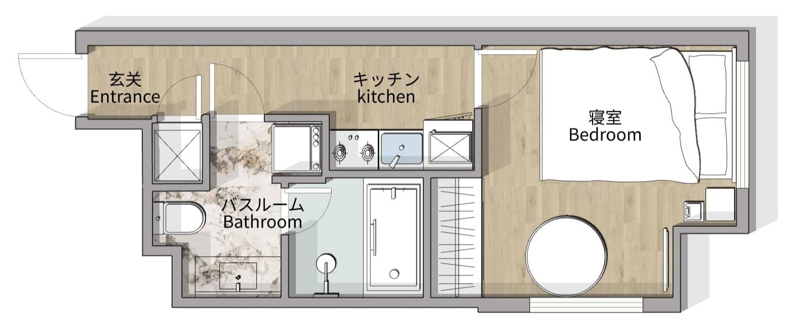 Een plattegrond van een hotelkamer met een inkom, keuken, badkamer en slaapkamer.