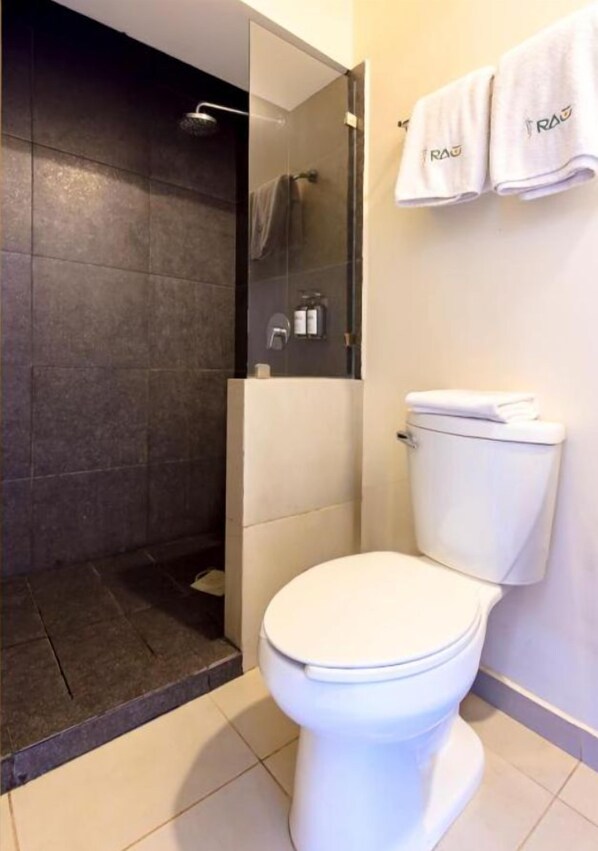 A bathroom with a toilet, a shower area, and a glass partition. - Rau Departamentos (Guadalajara)