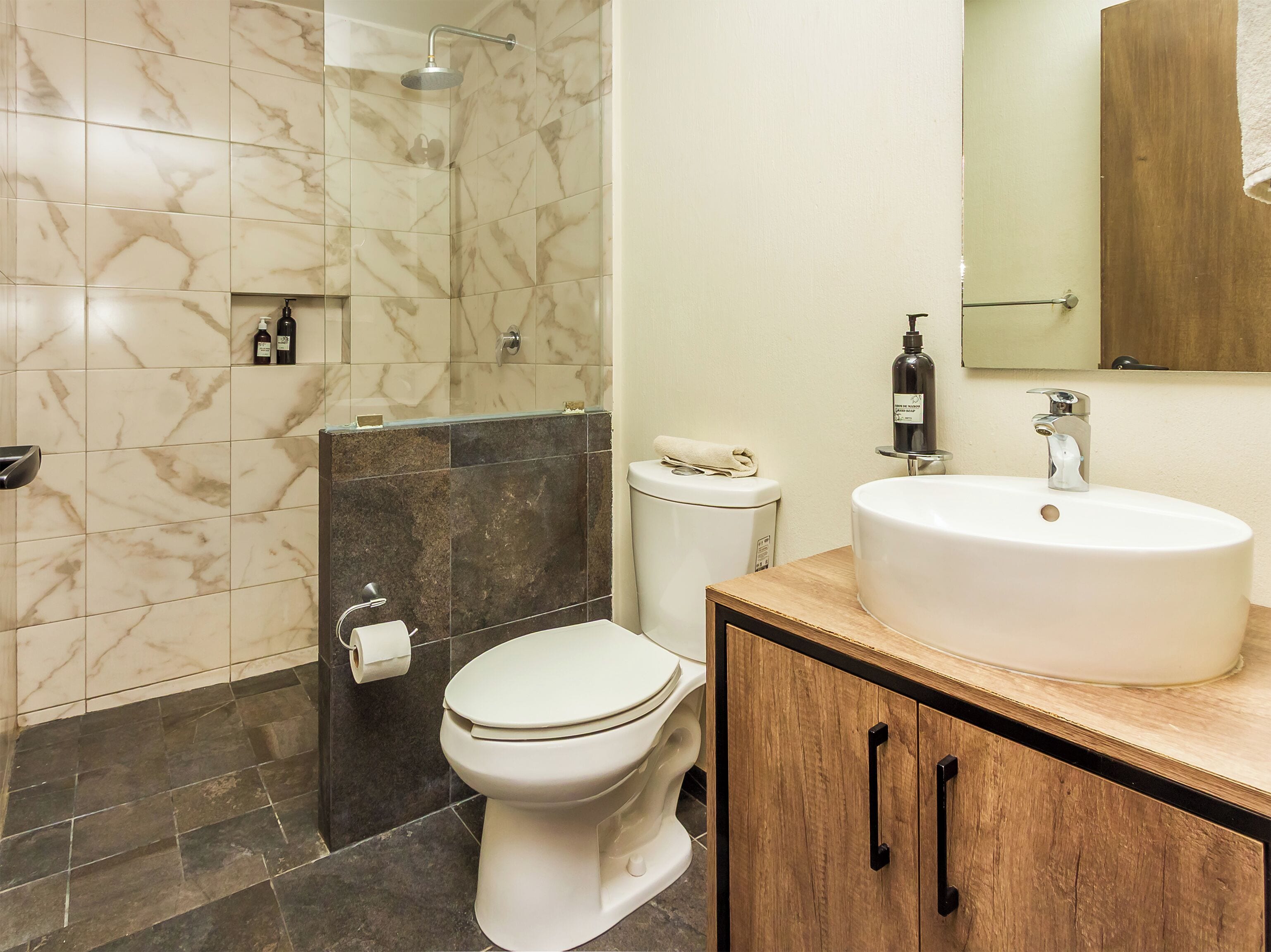 Un baño con inodoro, lavabo, espejo y ducha.