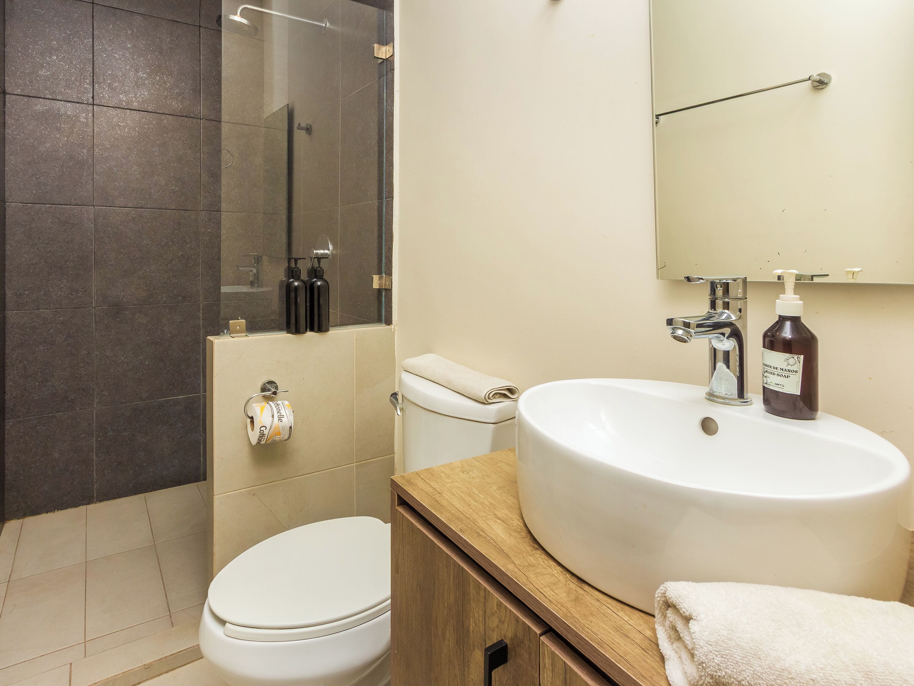 Un baño con inodoro, lavamanos y ducha.