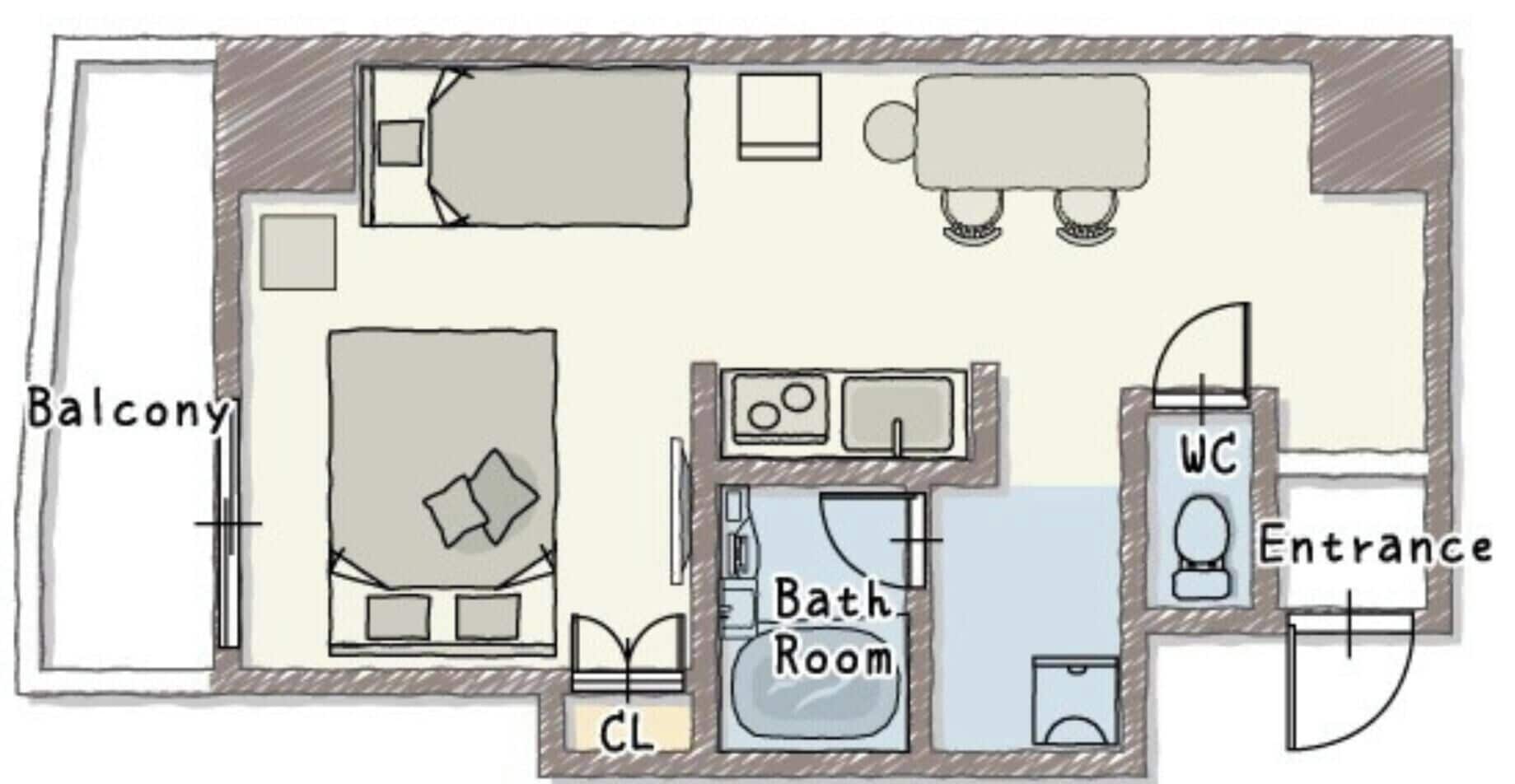 Plano de planta que muestra un balcón, un dormitorio, un baño, una sala de estar y una entrada.