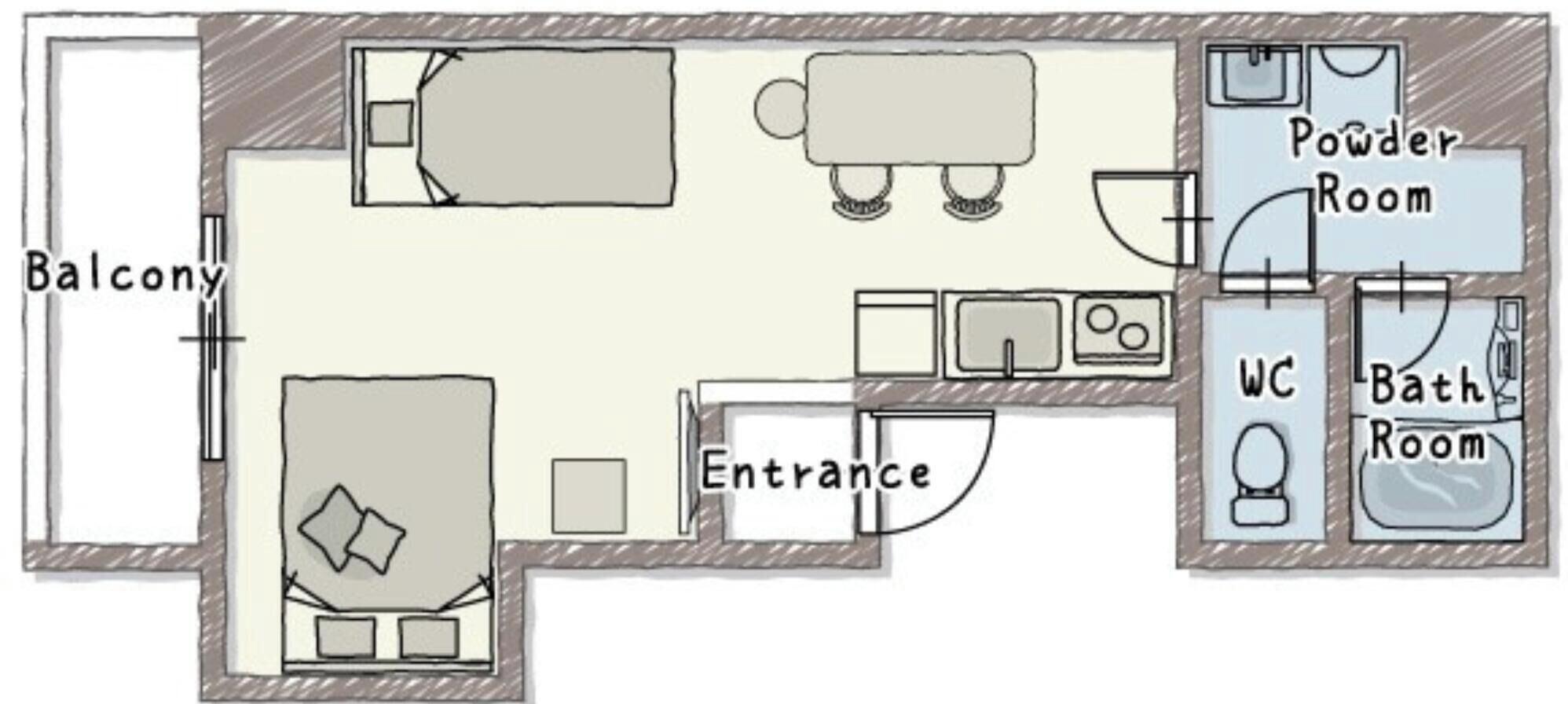 A floor plan with a balcony, powder room, bathroom, powder room, entrance, and a bedroom with a bed and dresser.
