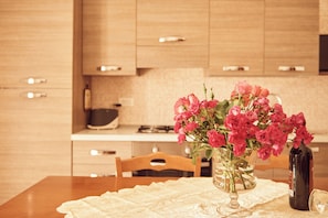 Full-size fridge, oven, stovetop, toaster