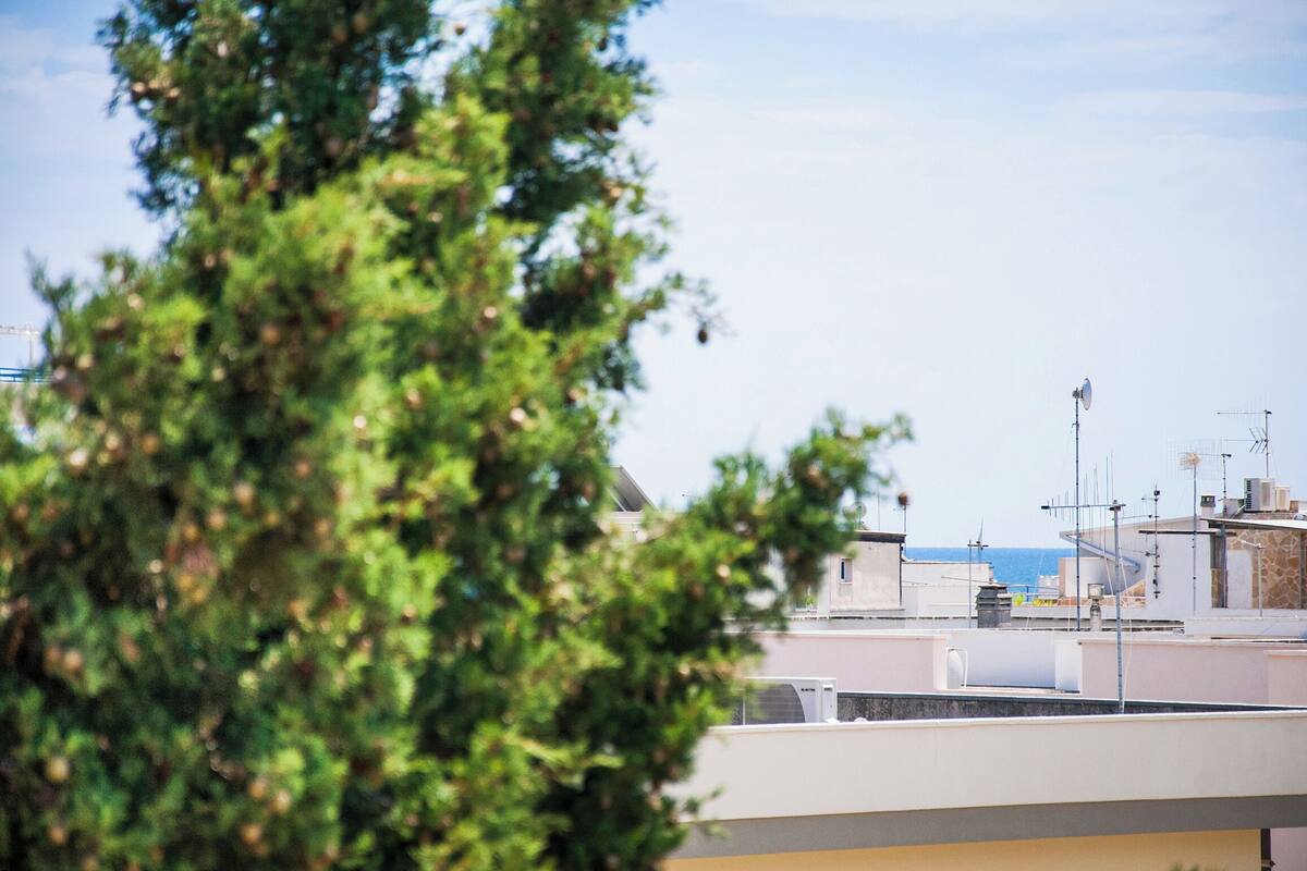 A rooftop with buildings, antennas, and a clear sky.
