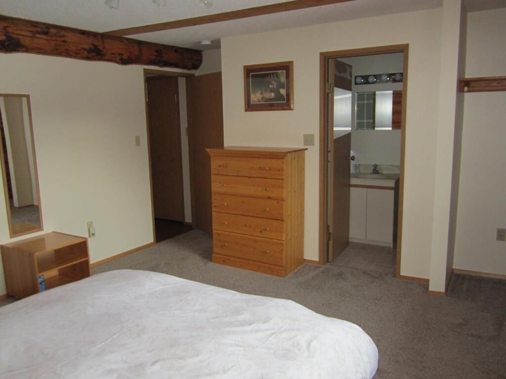 Une chambre à coucher avec un lit, une commode en bois, une porte donnant sur une salle de bain et un tableau accroché au mur.