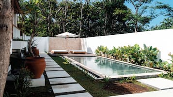 Una piscina al aire libre, sombrillas, sillones reclinables de piscina