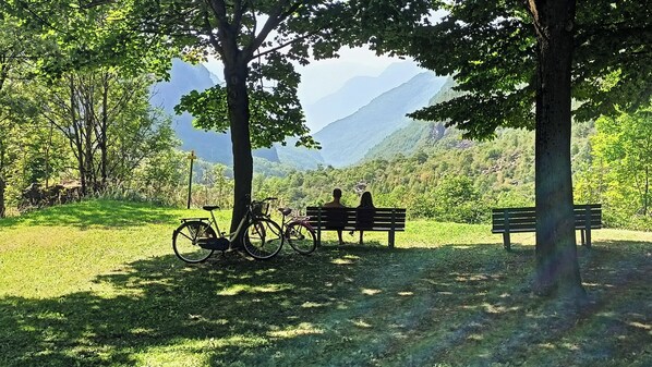 Un parco con panchine e biciclette, circondato da alberi e vista su una montagna.