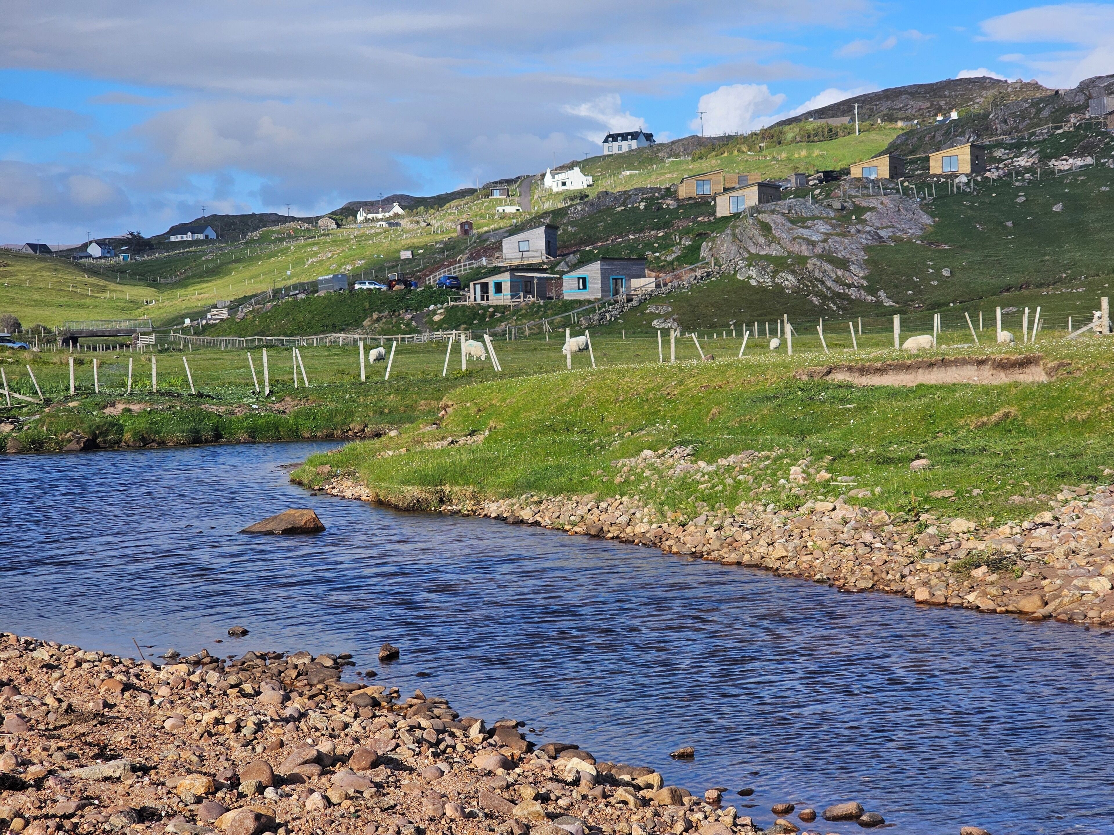 A river with a rocky shore, a grassy hillside with houses, and a fenced area with sheep.