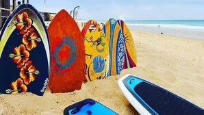 Eine Reihe bunter Surfbretter am sandigen Strand.