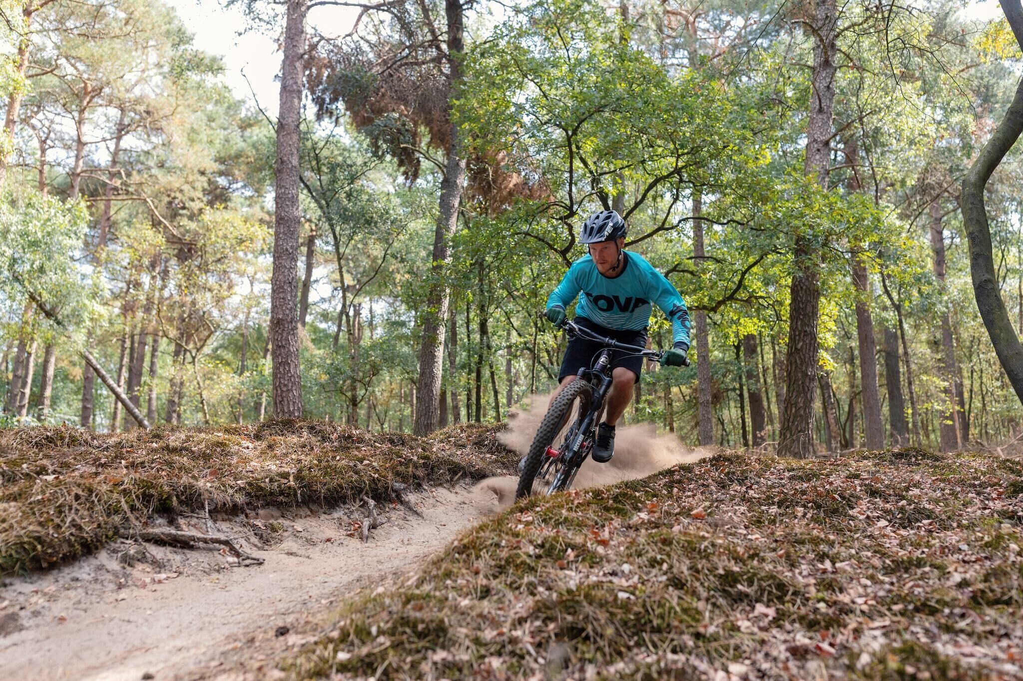 Ein Mountainbiker auf einem Feldweg, umgeben von Bäumen.