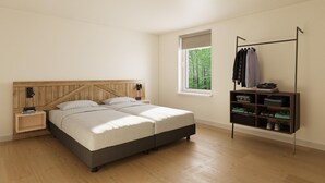 A bedroom with a wooden headboard, a bed with white bedding, a nightstand, a wardrobe, and a window with a view of trees. - Private relaxation retreat for a family (TA Gasselte)